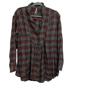 Free People All About The Feels Plaid Button Down Long Sleeve Tunic Top Size XS